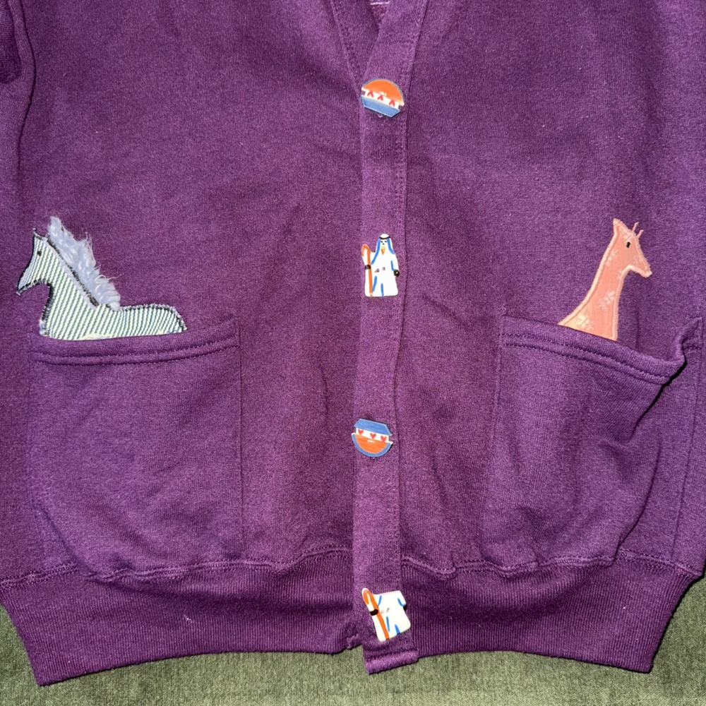 Vintage Jerzees Sweatshirt Cardigan Novelty Noahs Ark Animal Applique Purple‎ L - Picture 2 of 7